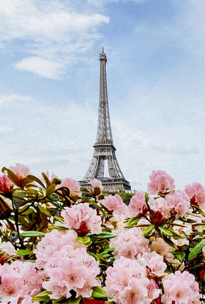 Azalée Rose Fleurs Sur Fond Paris Imitation Peinture Huile Illustration — Photo