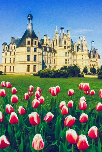 Kwitnące Tulipany Tle Chateau Chenonceau France Imitacja Malarstwa Olejnego Ilustracja — Zdjęcie stockowe