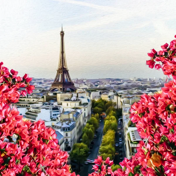 Blommande Begonia Mot Bakgrund Paris Oljemålning Imitation Illustration — Stockfoto