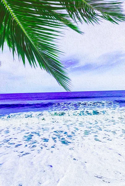 Palm Branch Background Sea Surf Oil Painting Imitation Illustration — Stock Photo, Image