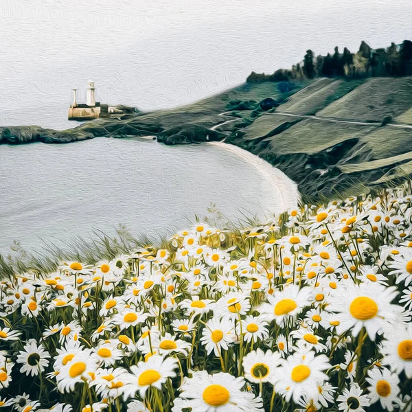 Meadow Blooming Daisies Backdrop Seascape Oil Painting Imitation Illustration — Stock Photo, Image