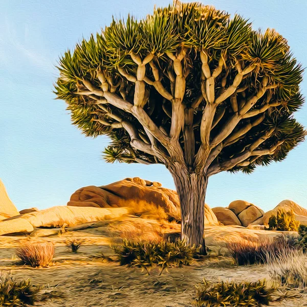 Grande Albero Dicotoma Nel Deserto Pittura Olio Imitazione Illustrazione — Foto Stock