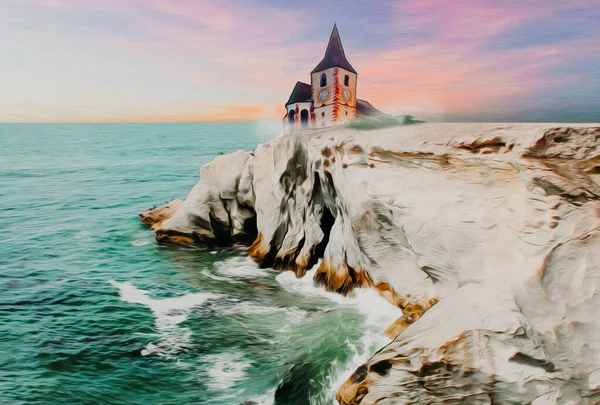 Small Castle Edge Cliff Oil Painting Imitation Illustration — 스톡 사진