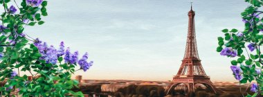 Eyfel kulesinin arka planında çiçek açan leylaklar. Yağlı boya taklidi. 3B illüstrasyon.
