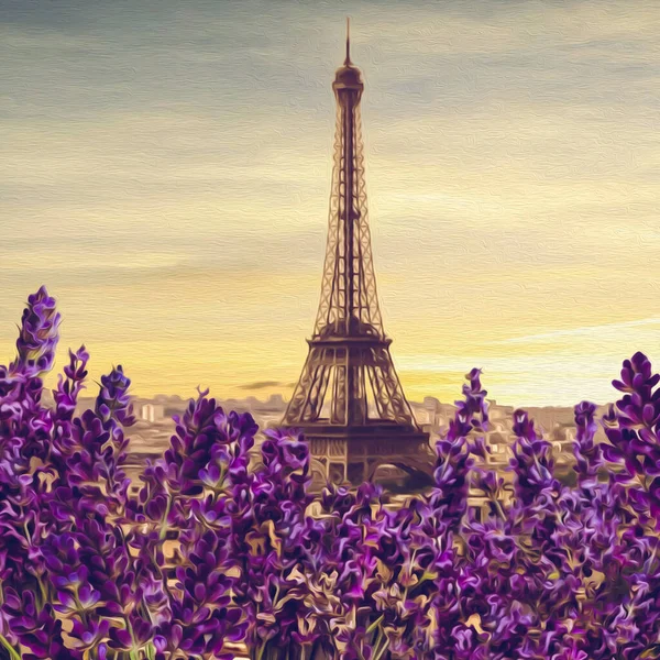 Blommande Lavendel Mot Bakgrund Paris Oljemålning Imitation Illustration — Stockfoto
