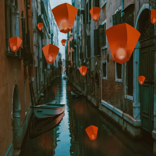 Kínai Lámpások Firenze Utcáin Olajfestmény Utánzás Illusztráció — Stock Fotó