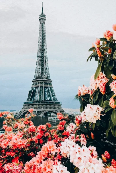 Fleurs Roses Azalées Sur Fond Paris Imitation Peinture Huile Illustration — Photo