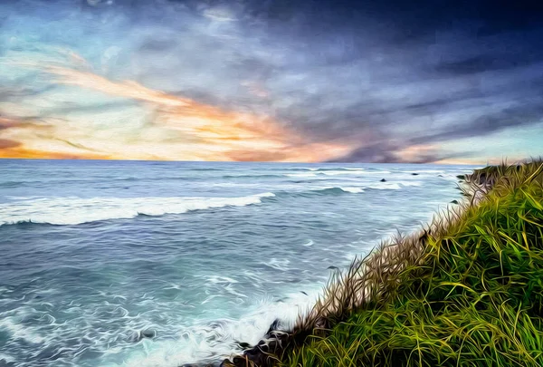 Zonsondergang Aan Zee Olieverf Imitatie Illustratie — Stockfoto