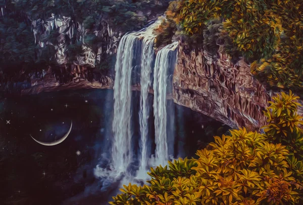 Lua Estrelas Lago Sob Cachoeira Imitação Pintura Óleo Ilustração — Fotografia de Stock