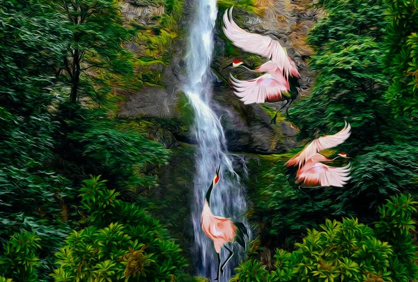 Рожеві Чаплі Біля Водоспаду Імітація Олійного Живопису Ілюстрація — стокове фото