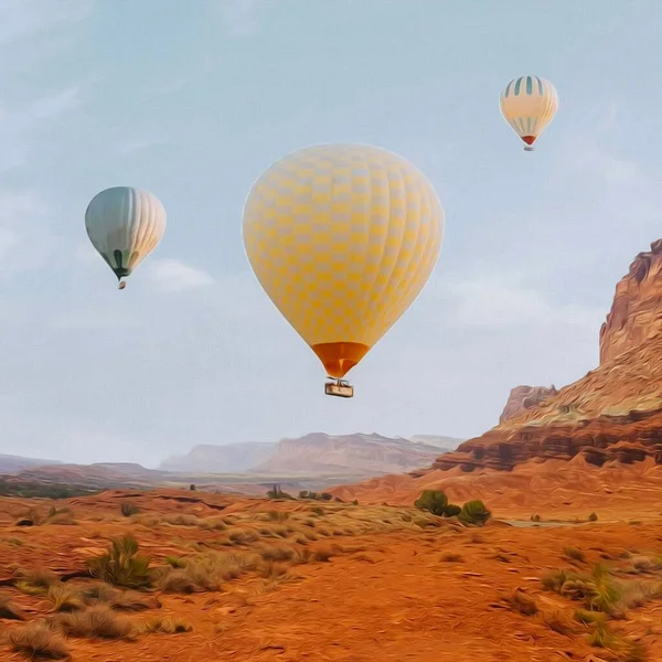 Hot air balloons over the Texas desert. Oil painting imitation. 3D illustration.