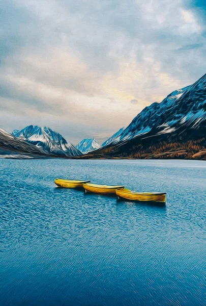 Canoa Gialla Sul Lago Montagna Pittura Olio Imitazione Illustrazione — Foto Stock