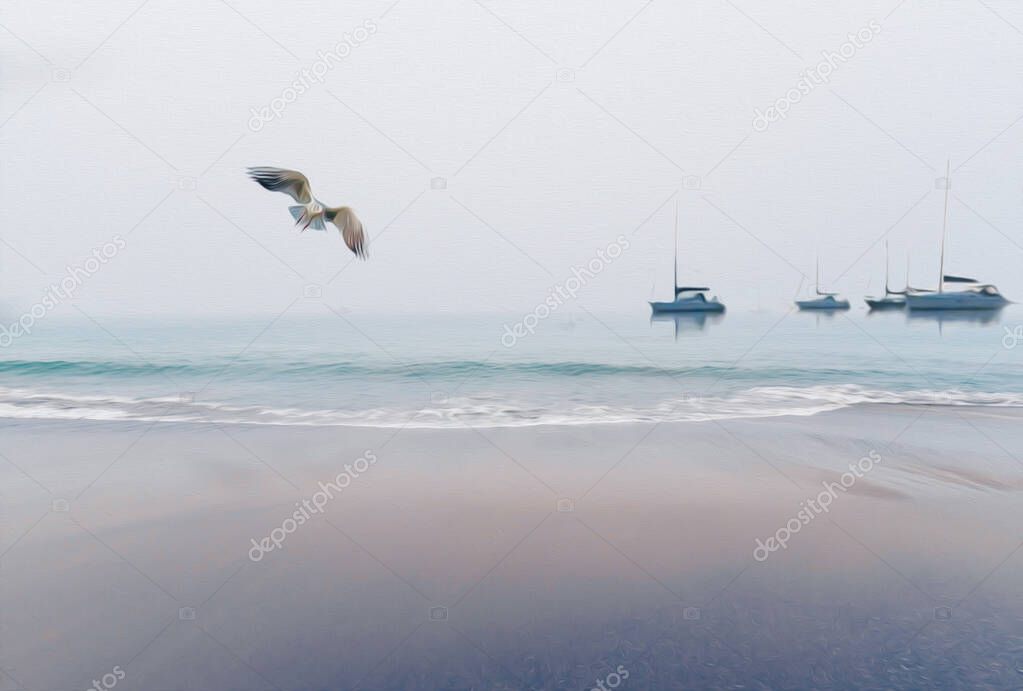 Seashore, seagull and yachts. Oil painting imitation. 3D illustration.