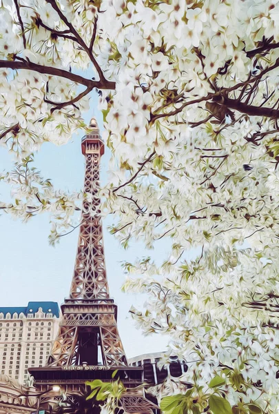 Virágzó Cseresznye Párizs Utcáin Olajfestmény Utánzás Illusztráció — Stock Fotó