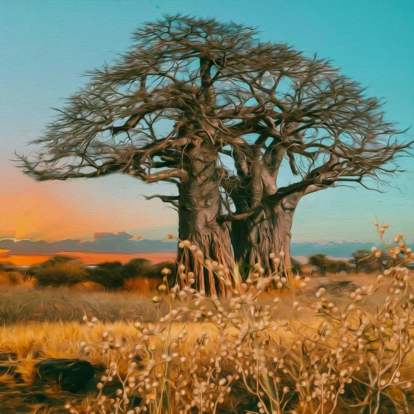 アフリカの自然を背景にしたバオバブ 油絵の模倣 3Dイラスト — ストック写真