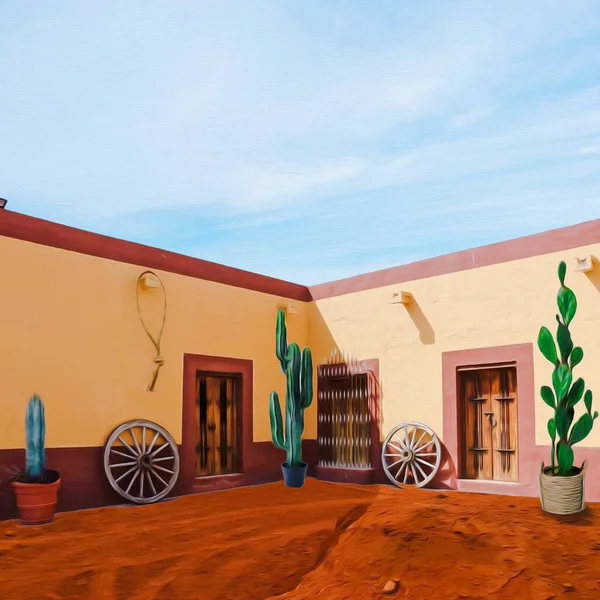 A farmhouse in the Mexican desert. Oil painting imitation. 3D illustration.