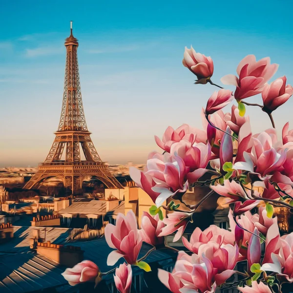 Nagy Rózsaszín Magnólia Virágzik Párizs Hátterében Olajfestmény Utánzás Illusztráció — Stock Fotó