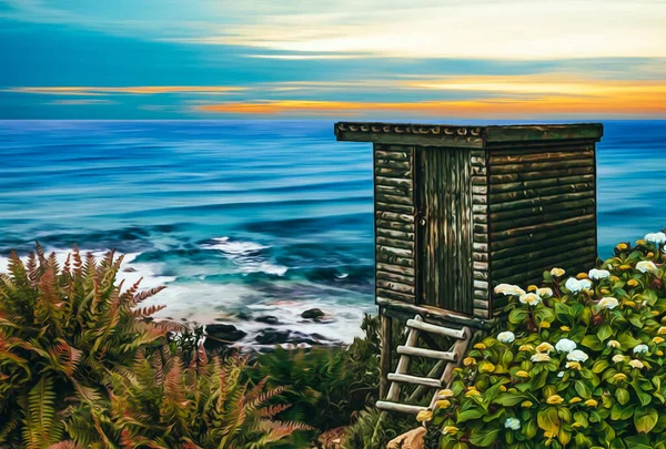 Small Wooden House Sea Oil Painting Imitation Illustration — Stock Photo, Image