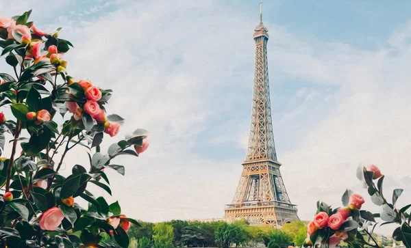 Vörös Rózsabokrok Párizs Hátterében Olajfestmény Utánzás Illusztráció — Stock Fotó