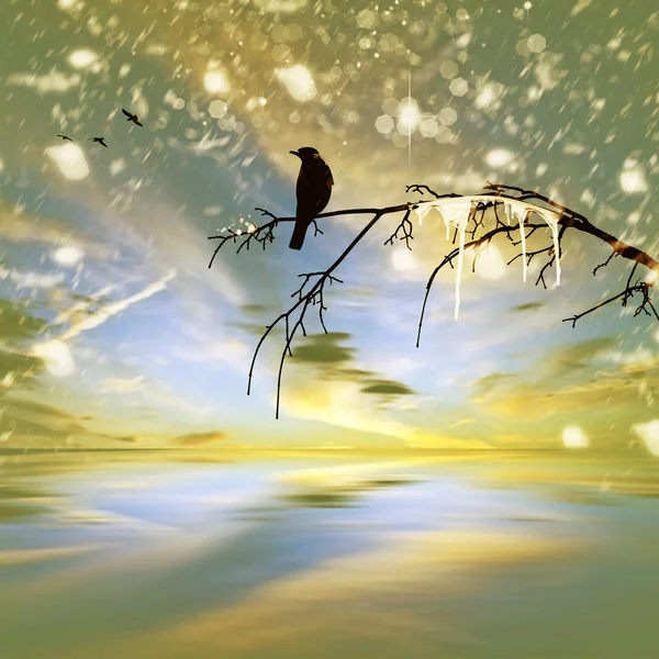 Winterlandschaft mit Vogel auf Zweig — Stockfoto