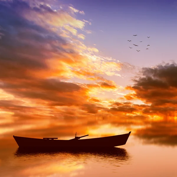 Paysage avec bateau et oiseaux — Photo