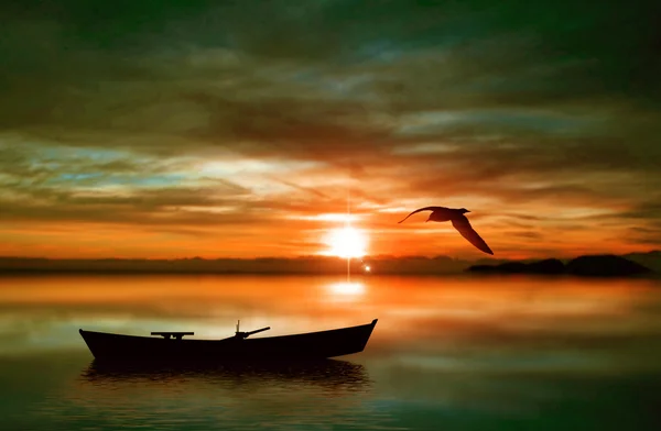 Landscape with boat and birds — Stock Photo, Image