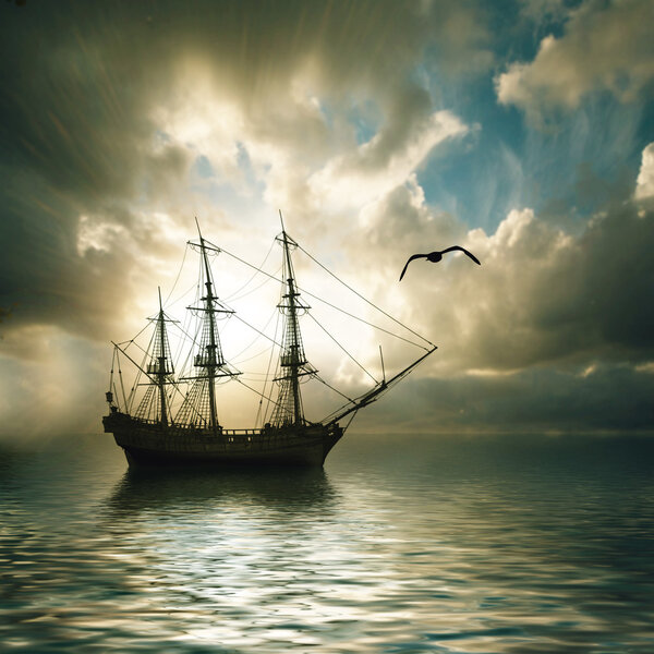 Парусник против красивого пейзажа
