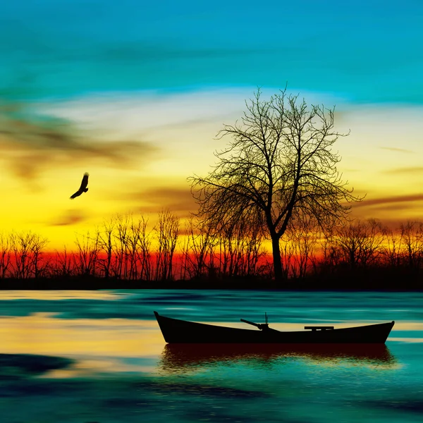 Landscape with boat and birds — Stock Photo, Image