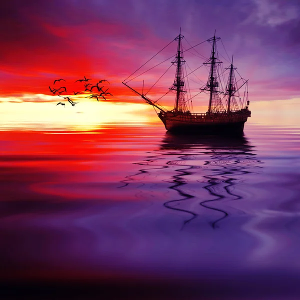 Het schip in de zee en vogels — Stockfoto