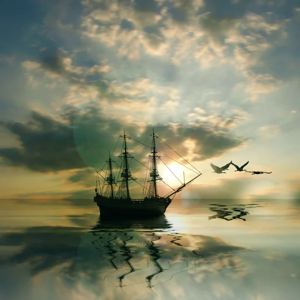 Het schip in de zee en vogels — Stockfoto