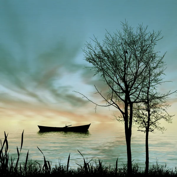 Sunrise landscape with boat — Stock Photo, Image