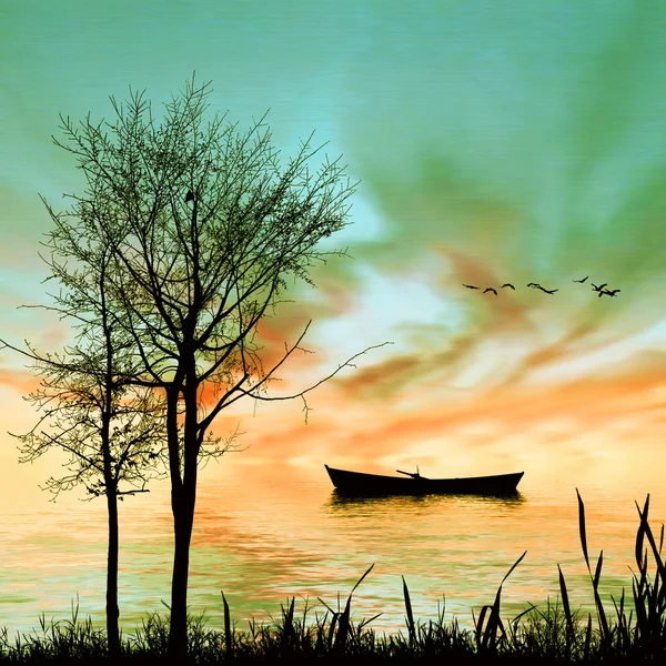 Paesaggio all'alba con barca — Foto Stock