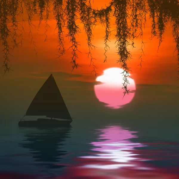 Sunrise landscape with boat — Stock Photo, Image