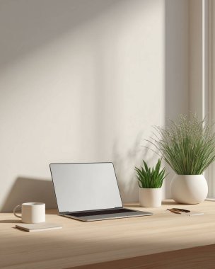 Bir dizüstü bilgisayar, bir kahve fincanının yanındaki ahşap masada ve parlak ışıkta yeşil bitkilerin üzerinde duruyor..