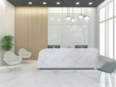 Resepsiyon masası olan temiz bir tasarım ve ziyaretçilerin beklemesi için oturma yeri gösteriyor..