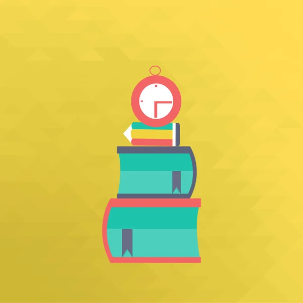 学校用品、 书籍和时钟在黄色背景 — 图库矢量图片
