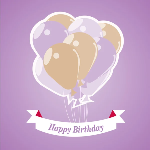 Happy Birthday Illustration, beige und lila Luftballons über Farbe — Stockvektor