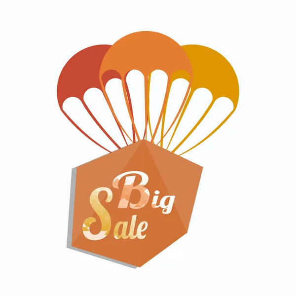 Stor försäljning, orange parachutte och box över färgbakgrund — Stock vektor