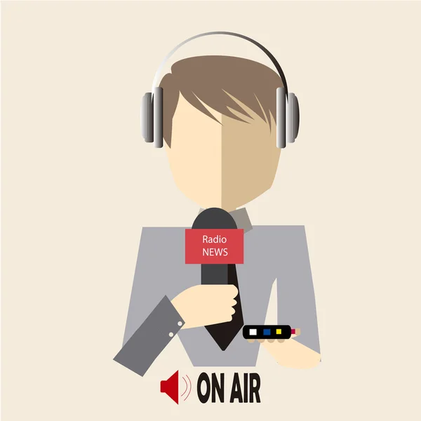 Журналіст у сірій сорочці на повітряному радіо над кольоровим фоном — стоковий вектор