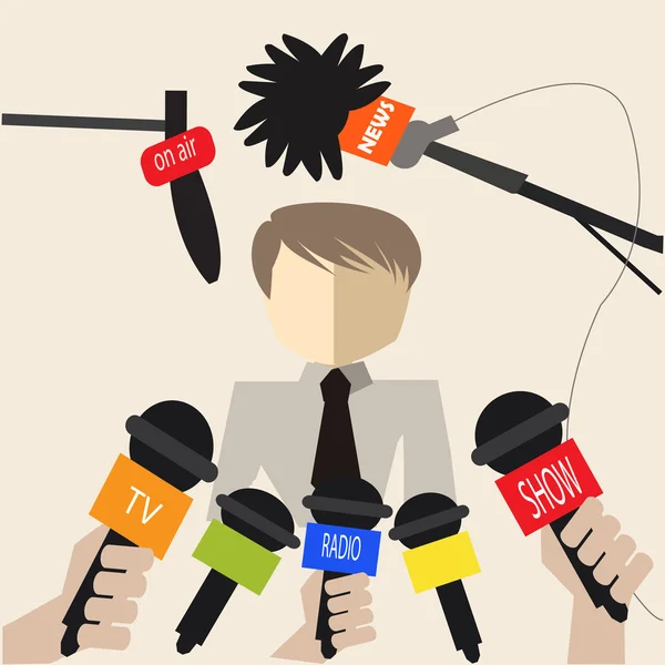 Man at a press conference over beirge color background — Stock Vector