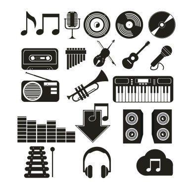 beyaz renk arka plan üzerinde siyah renkte simge müzik seti