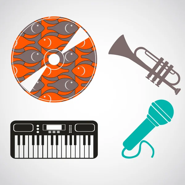 Trumpet, piano and a CD with colored textures — Stock Vector