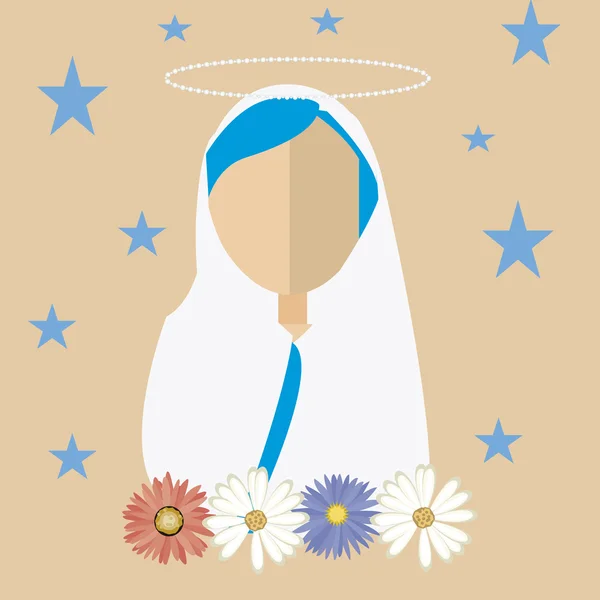 Holy mary, faceless, white mantle surrounded by stars and flower — Stock Vector