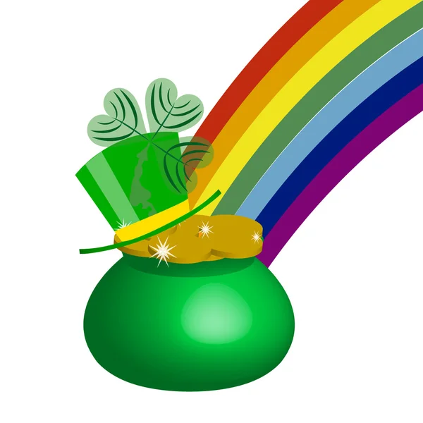 Olla verde de monedas de oro sombrero de San Patricio y arco iris — Archivo Imágenes Vectoriales