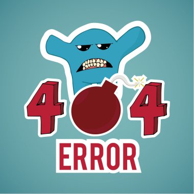 Hata 404, canavar ve mavi renk arka plan üzerinde patlayıcı metin