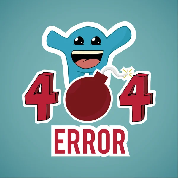 Error 404, monstruo feliz y texto explosivo en backg color azul — Vector de stock