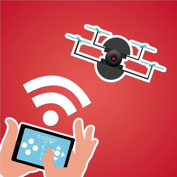 Control drone four helix from smartphone on red background — Stock Vector