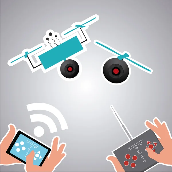 Four hands controlling two drones over degrade background — Stock Vector