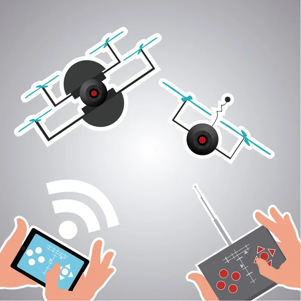 Mains contrôlant les drones sur fond dégradé — Image vectorielle