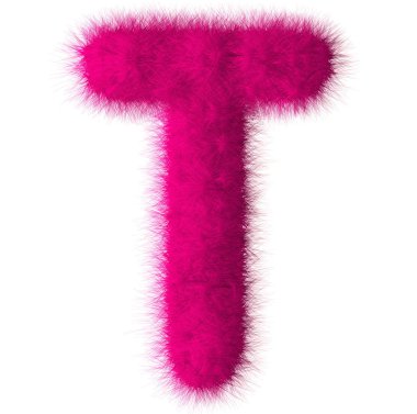 Beyaz arka plan üzerinde izole pembe tüylü T harfi
